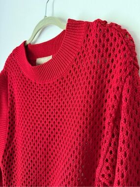Velez Cropped Red Knit Sweater Crochet Mesh Asymmetric Detail,